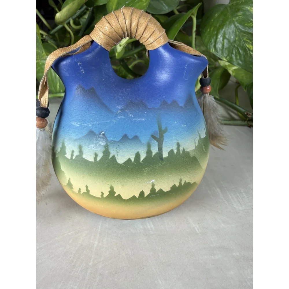 Hand Painted Vtg Native American Ceramic Wedding Vase Blue Bird Flying Feathers